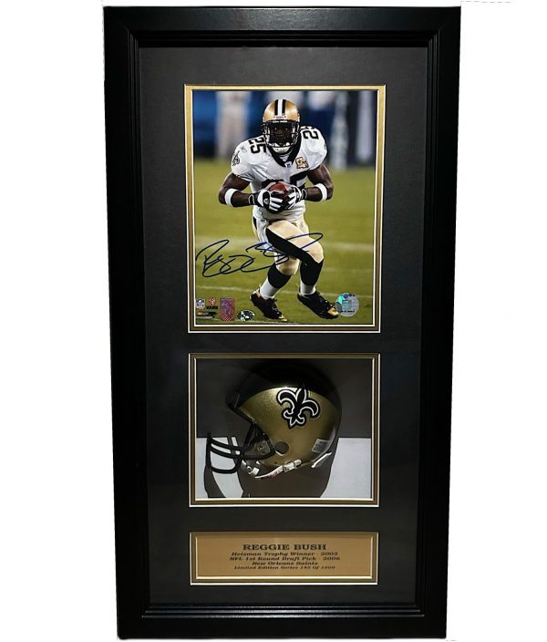 Reggie Bush New Orleans Saints Autographed Photo Framed with Mini Helmet