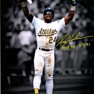 Rickey Henderson Oakland Athletics Autographed 16" x 20" Celebration Photograph with "Man of Steal" Inscription