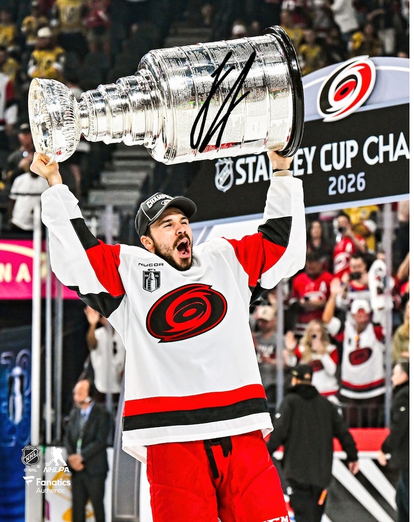 Logan Stankoven Carolina Hurricanes Autographed 2026 Stanley Cup Champions 8" x 10" Raising Cup Photograph