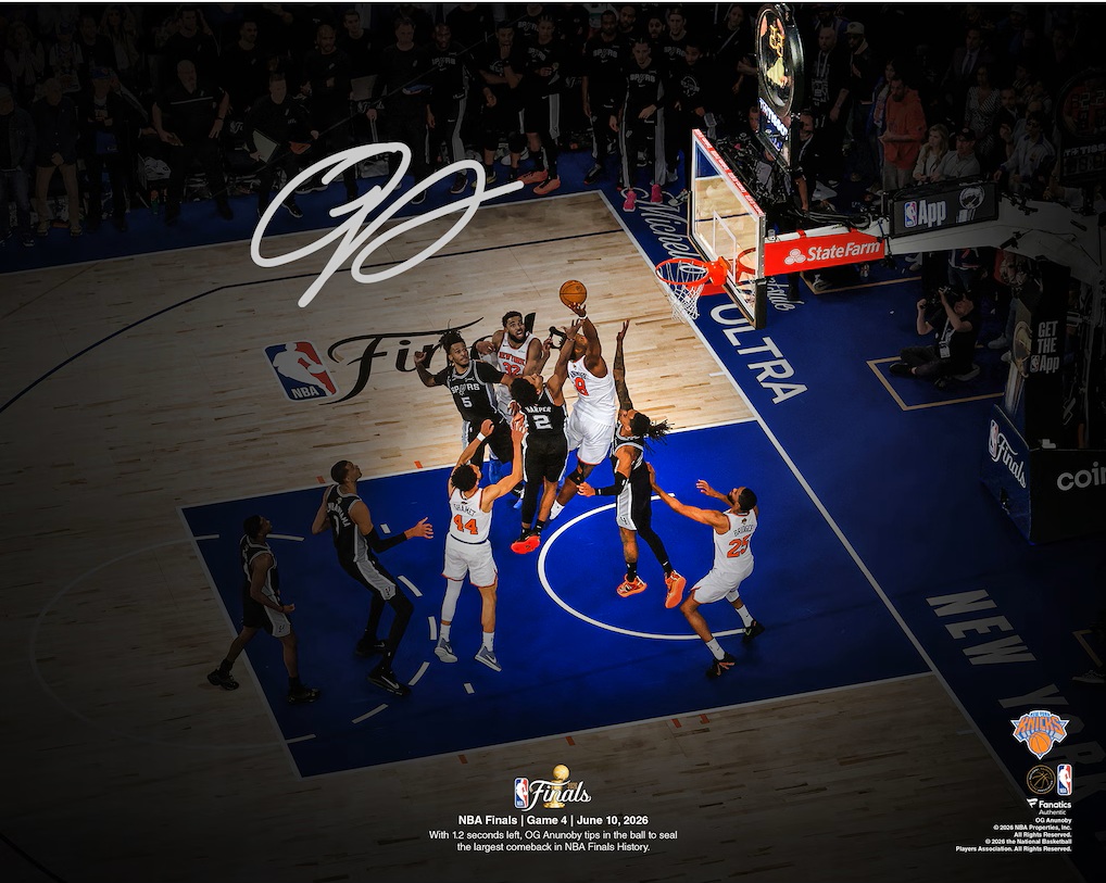 OG Anunoby New York Knicks Autographed 16" x 20" 2026 NBA Finals Game 4 Winning Tip-In Spotlight Photograph