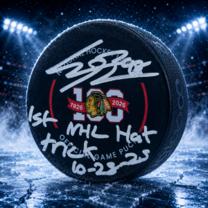 Connor Bedard Chicago Blackhawks Autographed 100th Anniversary Official Game Puck with "1st NHL Hat Trick 10-28-25" Inscription
