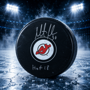 Martin Brodeur New Jersey Devils Autographed Hockey Puck with "HOF 18" Inscription