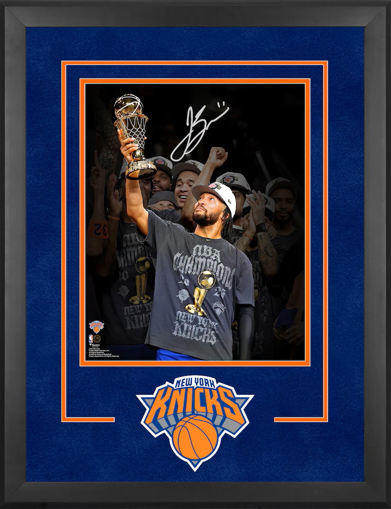 Jalen Brunson New York Knicks Autographed 2026 NBA Finals Champions Deluxe Framed 16" x 20" Holding Finals MVP Trophy Spotlight Photograph
