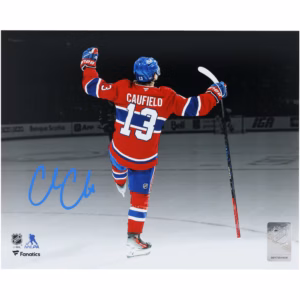 Cole Caufield Montreal Canadiens Autographed 8" x 10" Red Jersey Spotlight Celebration Photograph