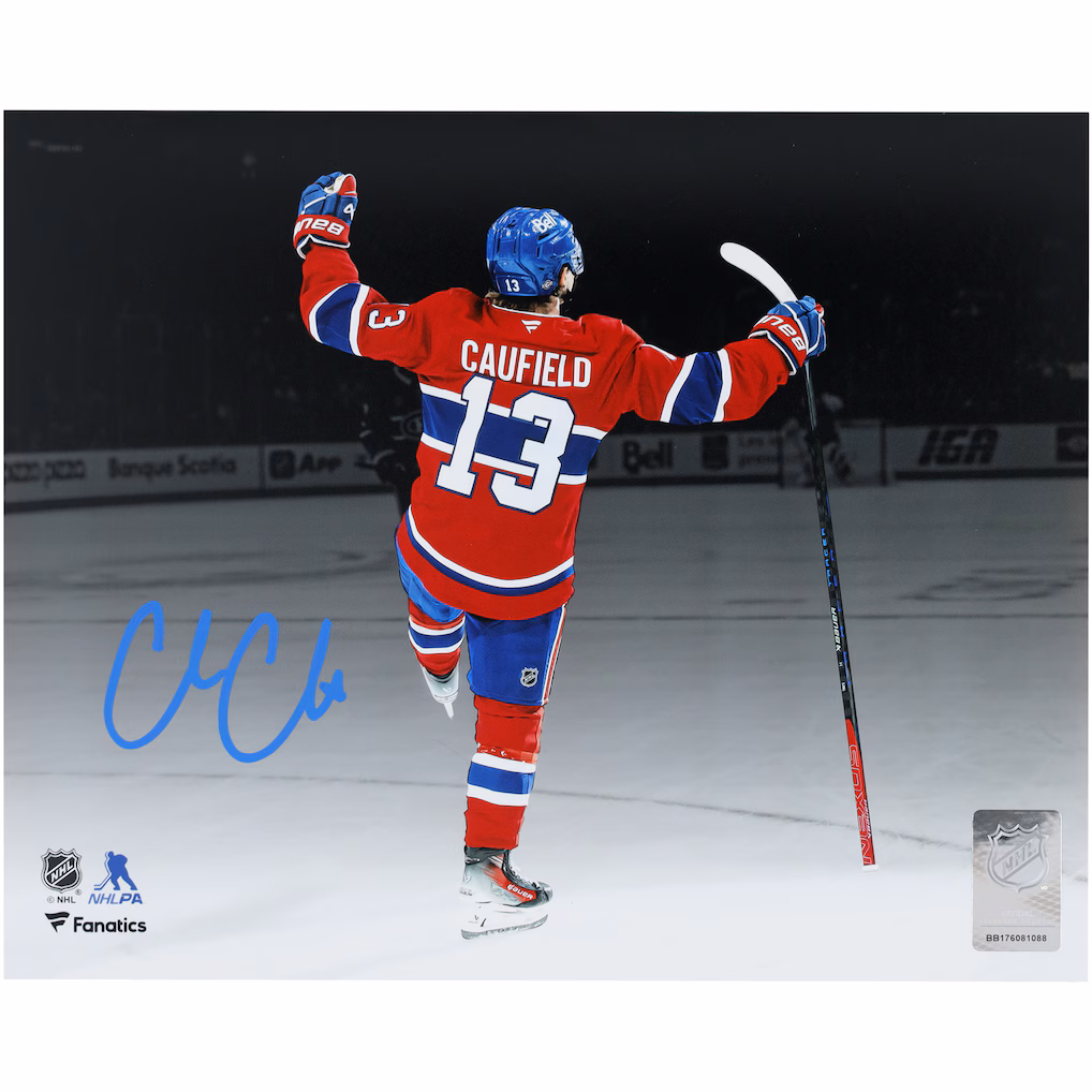Cole Caufield Montreal Canadiens Autographed 8" x 10" Red Jersey Spotlight Celebration Photograph