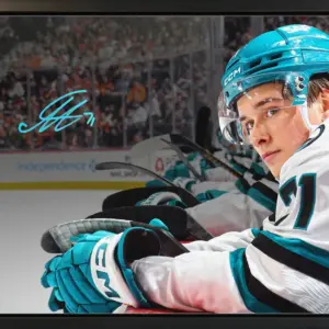 Macklin Celebrini Signed 20x29 Canvas Framed San Jose Sharks Sitting on the Bench (Limited Edition of 25)