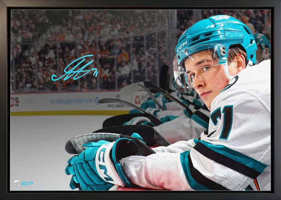 Macklin Celebrini Signed 20x29 Canvas Framed San Jose Sharks Sitting on the Bench (Limited Edition of 25)