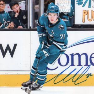 Macklin Celebrini San Jose Sharks Autographed Turquoise 8x10 Photo