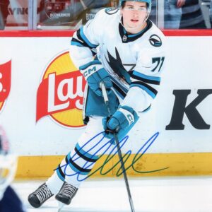 Macklin Celebrini San Jose Sharks White Jersey Autographed 8x10 Photo