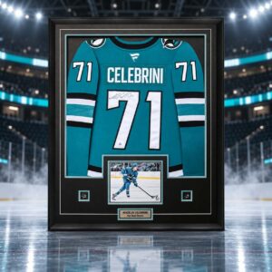 Macklin Celebrini Signed Framed 34x42 San Jose Sharks Home Fanatics Premium Jersey