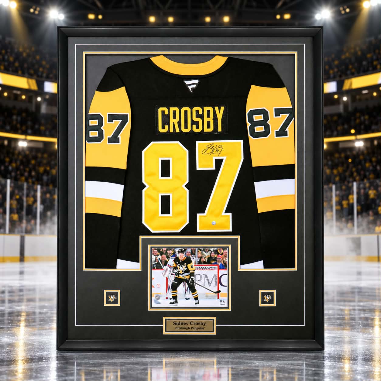 Sidney Crosby Signed Framed 34x42 Pittsburgh Penguins Black Fanatics Premium Jersey