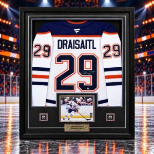 Leon Draisaitl Signed Framed 34x42 Edmonton Oilers Away Fanatics Premium Jersey