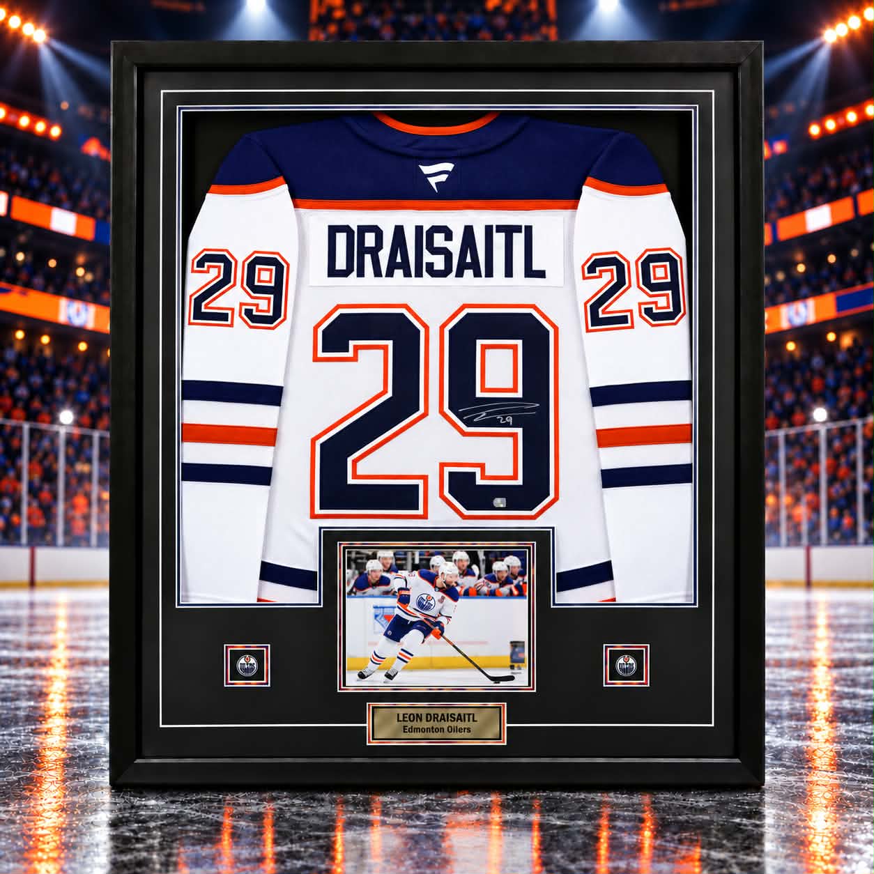 Leon Draisaitl Signed Framed 34x42 Edmonton Oilers Away Fanatics Premium Jersey