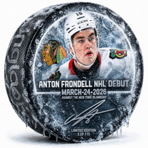 Anton Frondell Chicago Blackhawks Autographed NHL Debut Hockey Puck - Limited Edition of 115