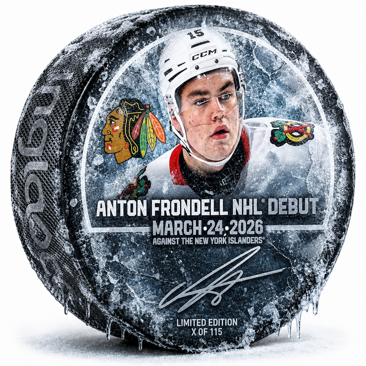 Anton Frondell Chicago Blackhawks Autographed NHL Debut Hockey Puck - Limited Edition of 115