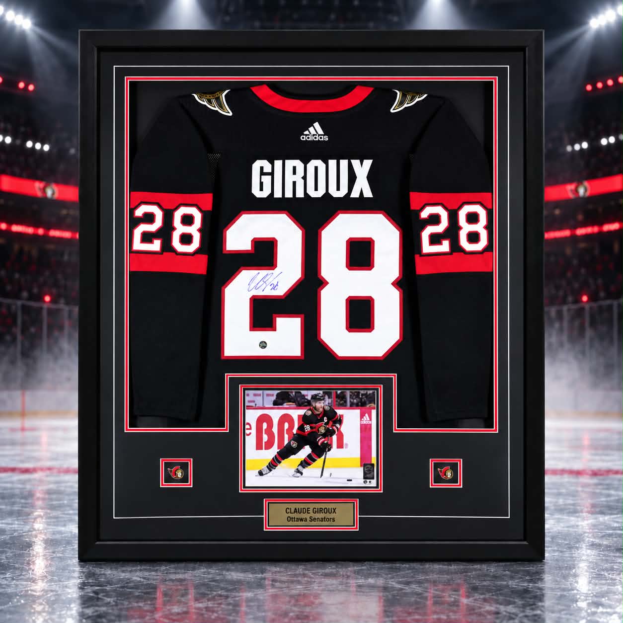 Claude Giroux Signed Framed 34x42 Ottawa Senators Black Adidas Authentic Jersey