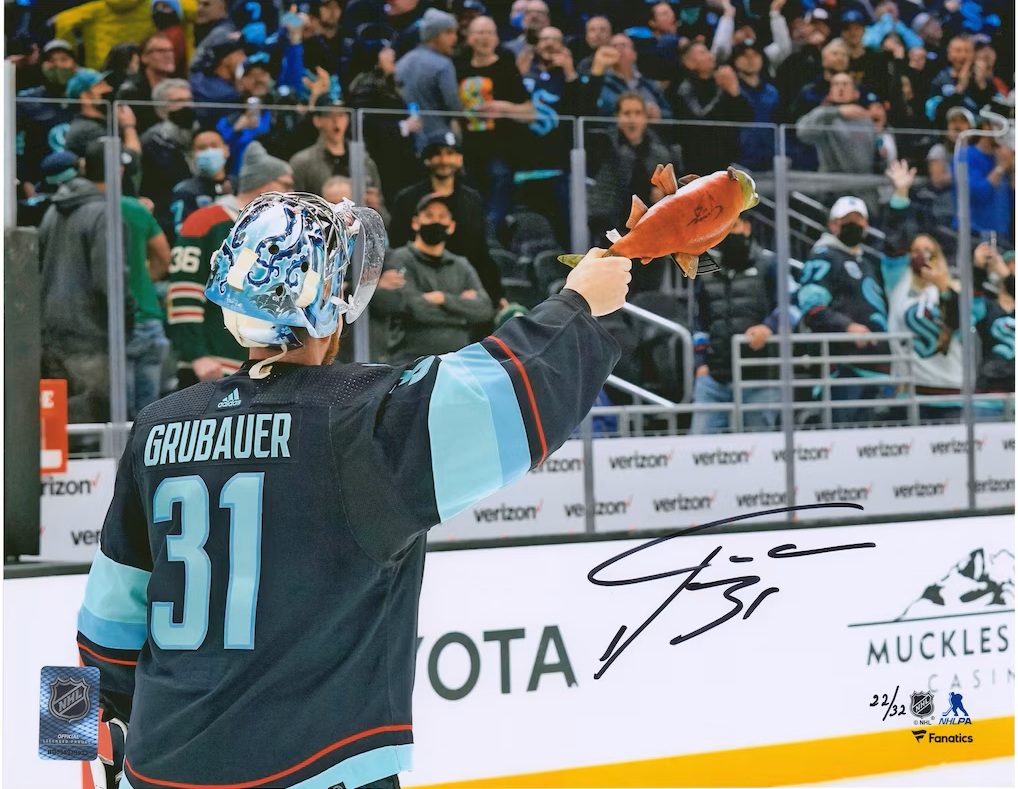 Philipp Grubauer Seattle Kraken Autographed 11'' x 14'' Salmon Spotlight Photograph - Limited Edition of 32