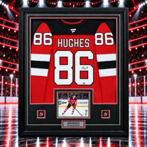 Jack Hughes Signed Framed 34x42 New Jersey Devils Home Fanatics Premium Jersey