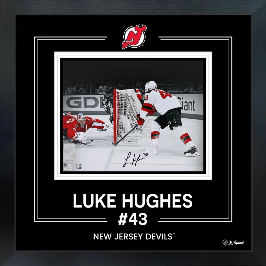 Luke Hughes Signed Framed 8x10 Photo in Photo Glass New Jersey Devils First NHL Goal Spotlight