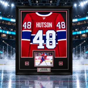 Lane Hutson Signed Framed 34x42 Montreal Canadiens Red Fanatics Premium Jersey