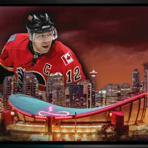 Jarome Iginla 20x29 Framed Canvas Flames Skyline-H