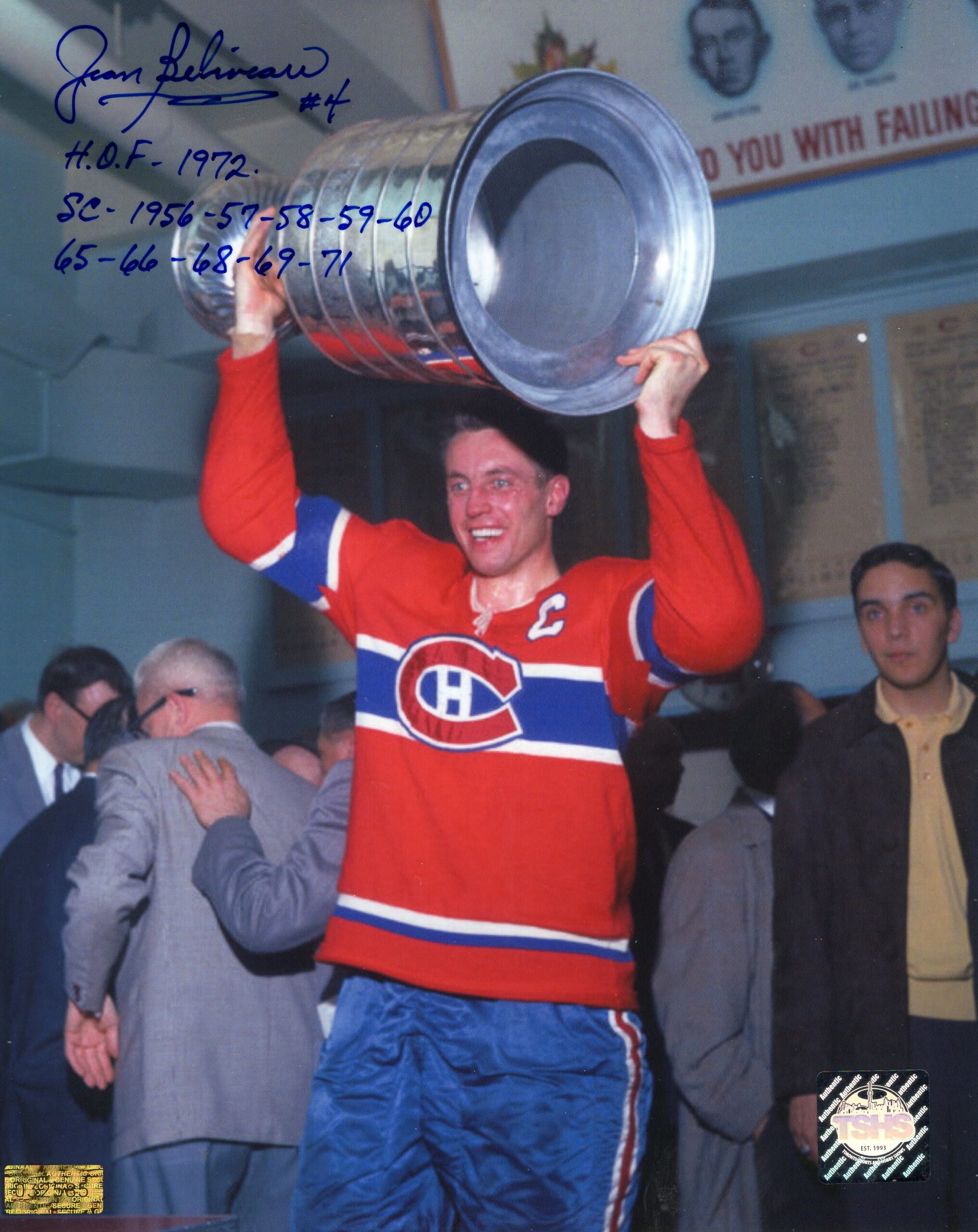 Jean Beliveau Montreal Canadiens Holding The Cup In Air Autographed 8x10 Photo