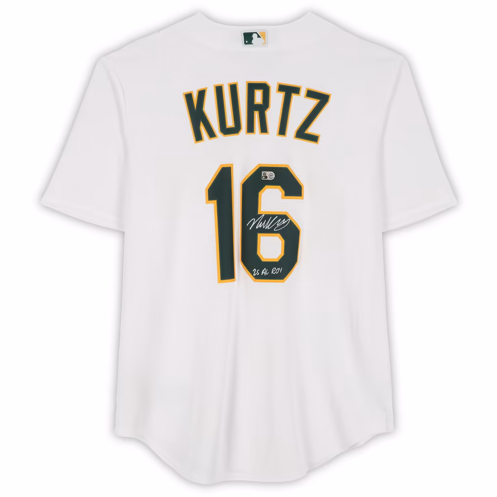 Nick Kurtz Athletics Autographed White Nike Replica Jersey with "25 AL ROY" Inscription - Image 3
