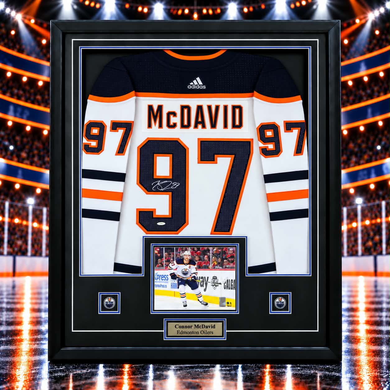 Connor Mcdavid Signed Framed 34x42 Edmonton Oilers Away Adidas Authentic Jersey