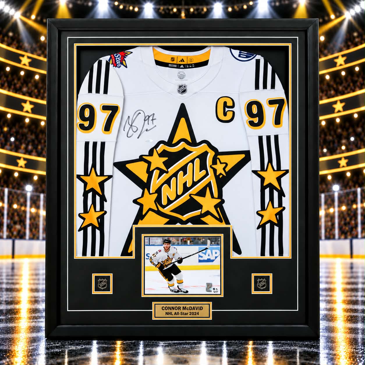 Connor McDavid Signed Framed 34x42 2024 All - Star White Adidas Authentic Jersey