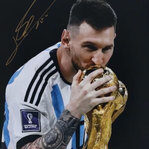 Lionel Messi Argentina National Team Autographed 12" x 16" 2022 FIFA World Cup Final Trophy Photograph - Signed in Gold