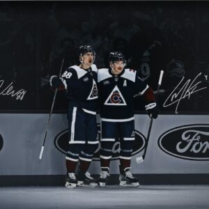 Martin Necas & Cale Makar Colorado Avalanche Autographed 16" x 20" Navy Alternate Jersey Celebration Spotlight Photograph