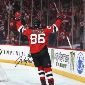 Jack Hughes New Jersey Devils Hands in The Air Autographed 8x10 Photo