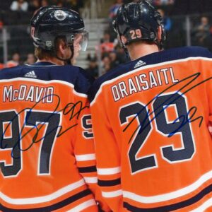 Connor McDavid & Leon Draisaitl Edmonton Oilers Orange Jersey Autographed 8x10 Photo
