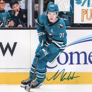 Macklin Celebrini San Jose Sharks Turquoise Jersey Autographed 8x10 Photo