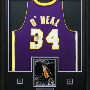 Shaquille O'Neal Signed Framed 34x42 Los Angeles Lakers Mitchell & Ness Purple 1999 - 2000 Swingman Jersey
