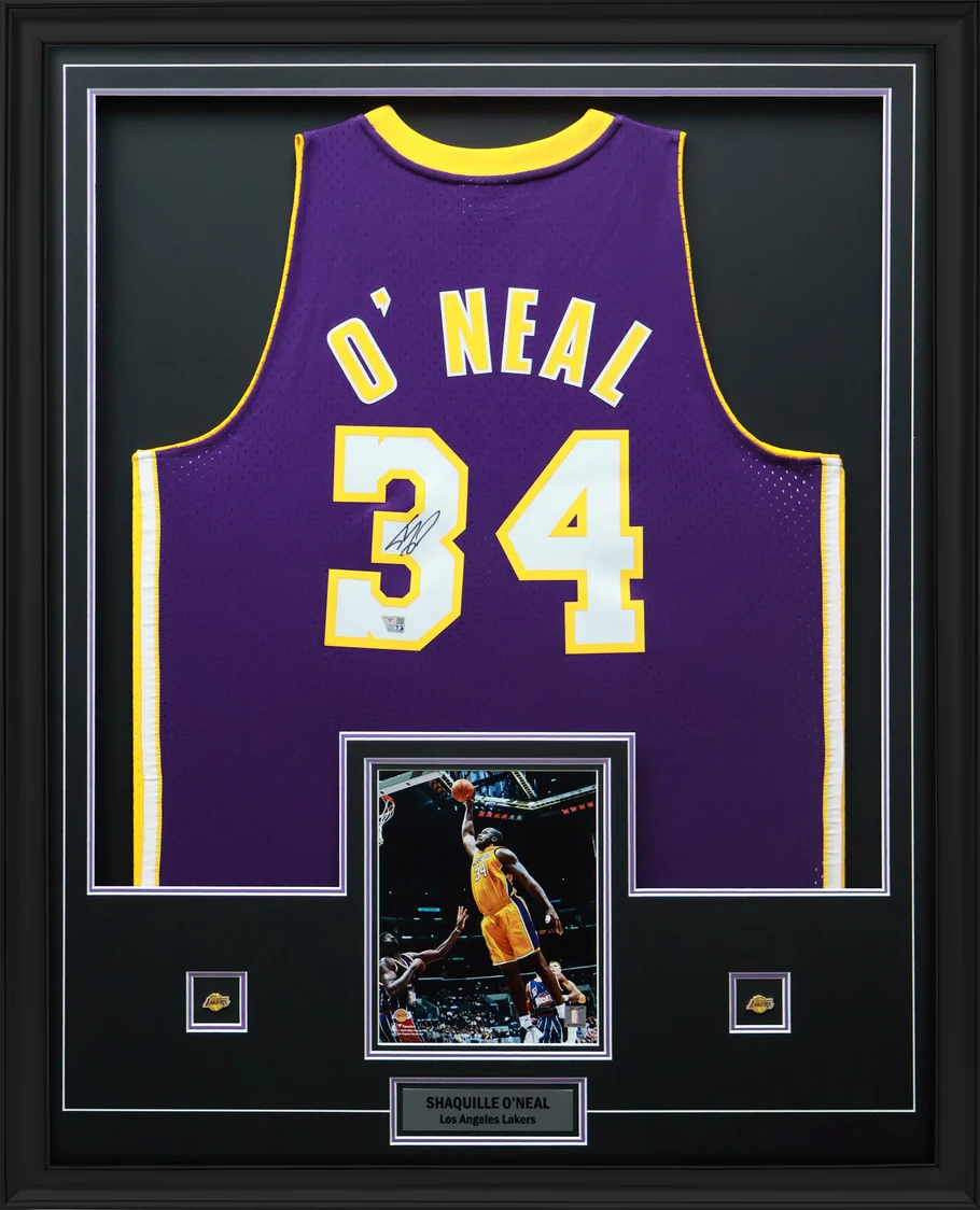 Shaquille O'Neal Signed Framed 34x42 Los Angeles Lakers Mitchell & Ness Purple 1999 - 2000 Swingman Jersey