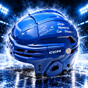Zayne Parekh Signed Blue CCM Hockey Helmet with Memorial Cup Inscription