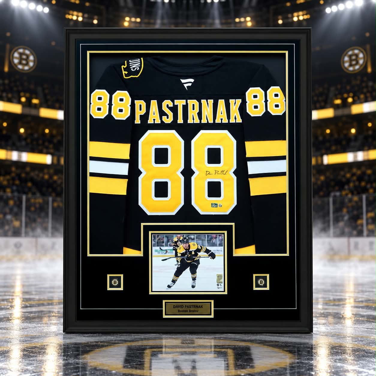 David Pastrnak Signed Framed 34x42 Boston Bruins Black Fanatics Premium Jersey