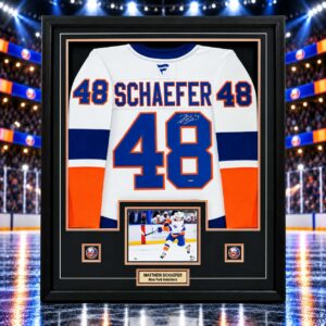 Matthew Schaefer Signed Framed 34x42 New York Islanders Fanatics Premium Away Jersey