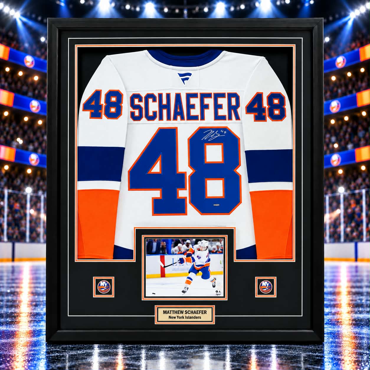 Matthew Schaefer Signed Framed 34x42 New York Islanders Fanatics Premium Away Jersey