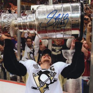 Sidney Crosby Pittsburgh Penguins Raising the Cup in White Jersey Autographed 8x10 Photo