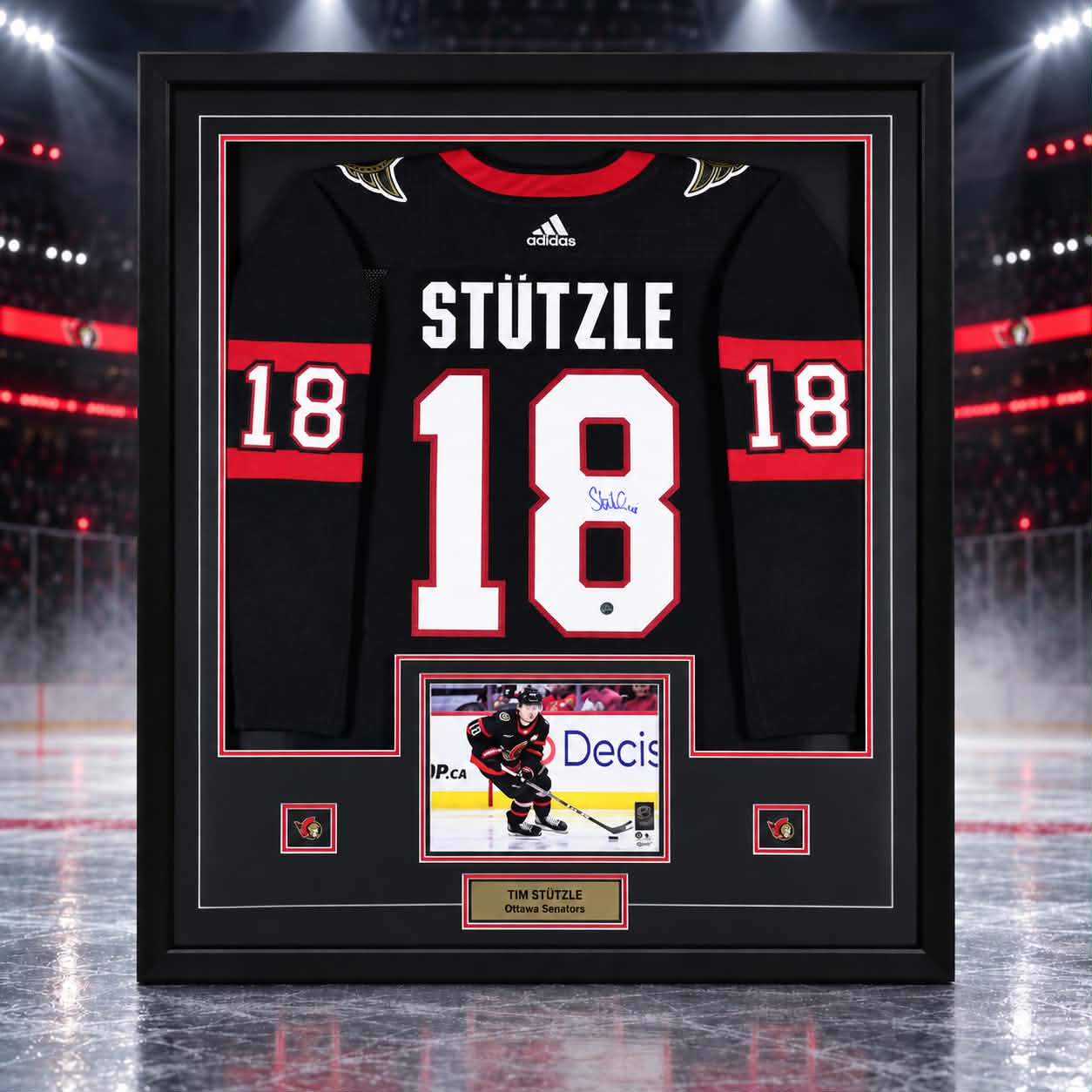Tim Stutzle Signed Framed 34x42 Ottawa Senators Black Adidas Authentic Jersey