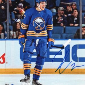 Tage Thompson Buffalo Sabres Autographed Blue Jersey 8x10 Photo