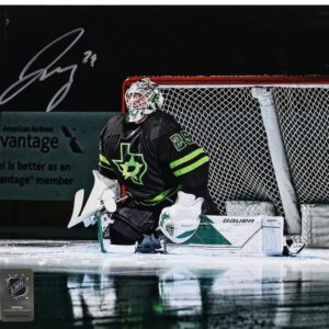 Jake Oettinger Dallas Stars Autographed 8" x 10" Black Alternate Jersey in Net Photograph