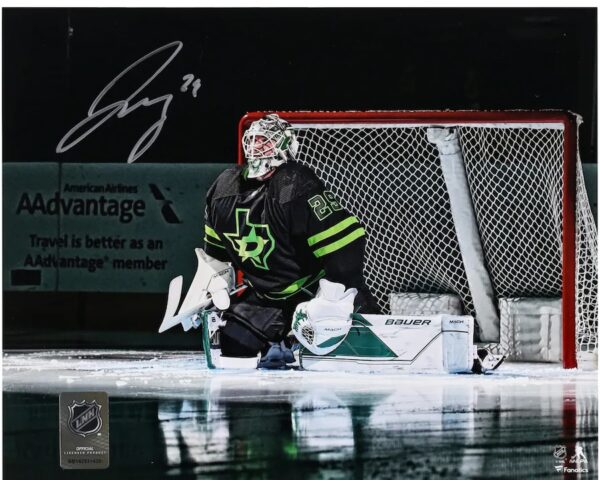 Jake Oettinger Dallas Stars Autographed 8" x 10" Black Alternate Jersey in Net Photograph