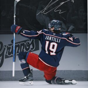 Adam Fantilli Columbus Blue Jackets Autographed 16" x 20" Navy Jersey Celebration Spotlight Photograph