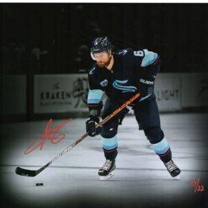 Adam Larsson Seattle Kraken Autographed 11" x 14" Deep Sea Blue Jersey with Puck Spotlight Photograph - Limited Edition of 22