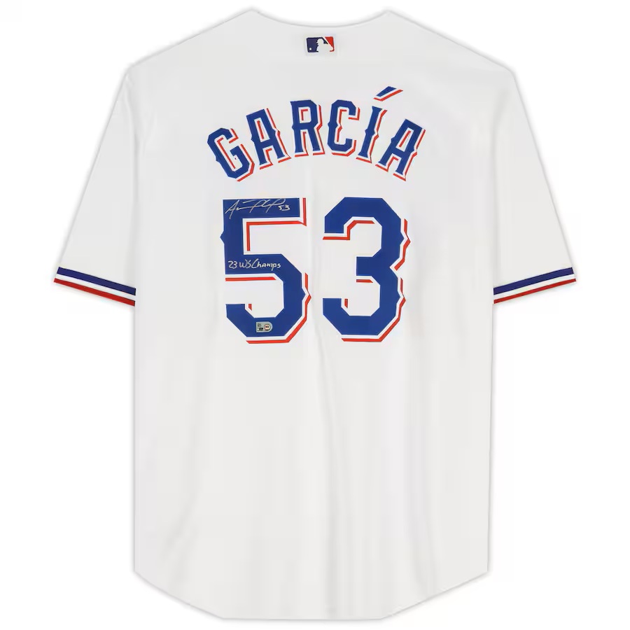 Adolis Garcia Texas Rangers Autographed White Nike Replica Jersey with "23 WS Champs" Inscription