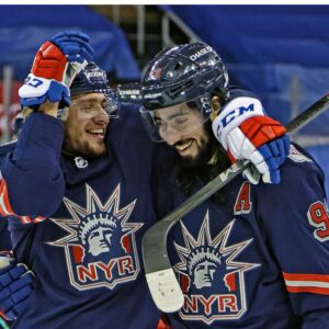 Artemi Panarin & Mika Zibanejad New York Rangers Unsigned Reverse Retro Jersey Win Celebration Photograph