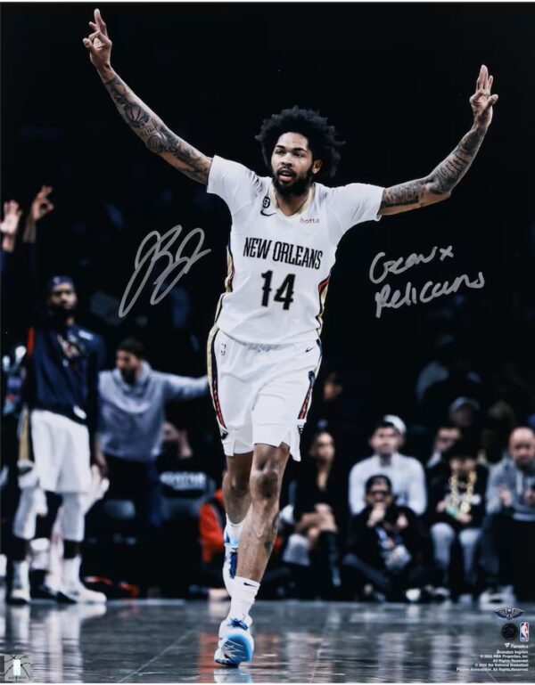 Brandon Ingram New Orleans Pelicans Autographed 16" x 20" Celebrating Three Versus Brooklyn Photograph with "Geaux Pelicans" Inscription